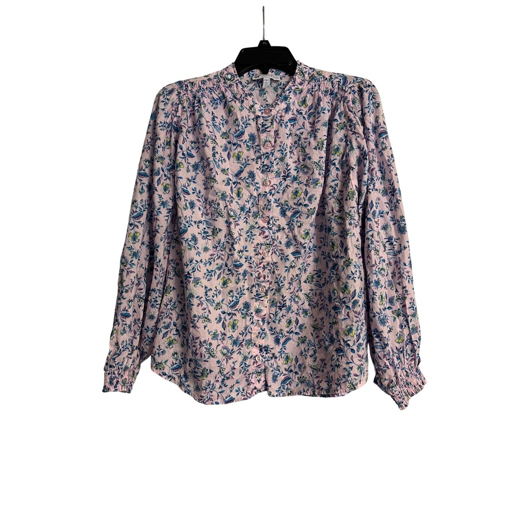 Jessica‎ Simpson Pink Floral Cotton Button Blouse Smocked Long Sleeve Womens L